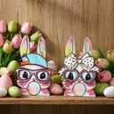 Leinuosen 2 Pcs Easter Decorations Coquette Bow Wooden Bunny Couple Happy Easter Table Centerpiece Signs, Cute Rabbit with Glasses Wood Decor for Home Office Gifts Party Supplies
