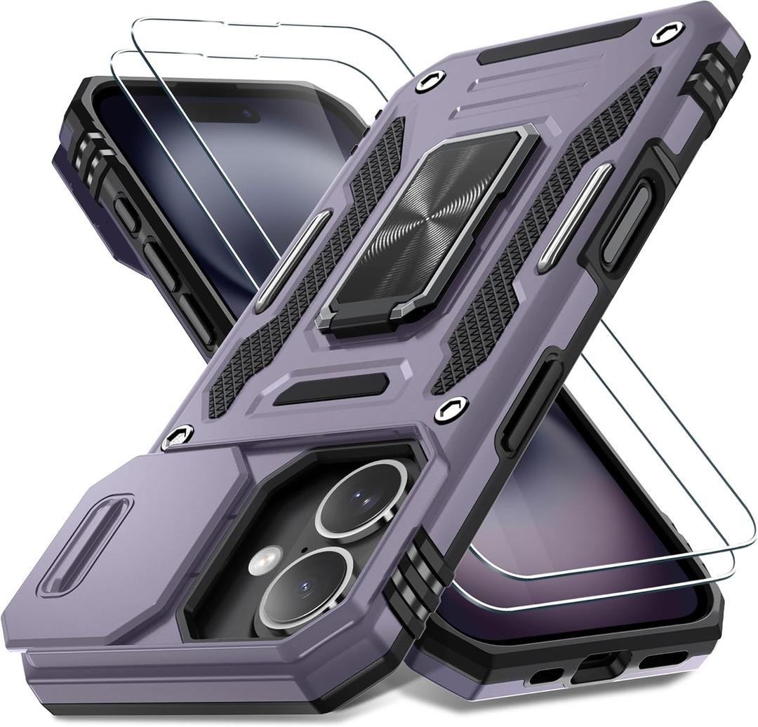DEERLAMN Case for iPhone 16 with Slide Camera Cover+Screen Protector (2 Packs), Rotated Ring Kickstand Military Grade Shockproof Protective Cover-Deep Purple