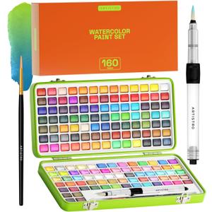 ARTISTRO Watercolor Paint Set 160 Colors - Vivid, Metallic & Neon, Portable Travel Set for Kids & Adults