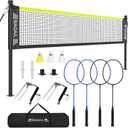 BAGAIL Outdoor Badminton Net Set with Anti-Sag Winch System - Official Size 20ft x 5ft, 4 Rackets, 3 Shuttlecocks, Durable PE Net & Carry Bag for Backyard, Beach, Family Games (Yellow)