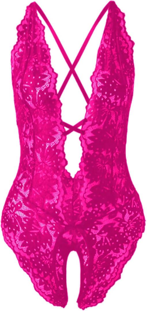 SOLY HUX Women's One Piece Lingerie Sexy Lace Babydoll Deep V Teddy Criss Cross Backless Teddy Mini Bodysuit (XX-Large, Pure Hot Pink)