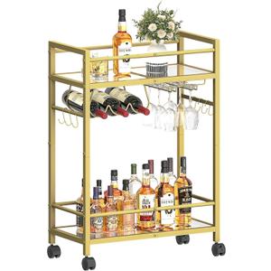 Home Bar Serving Cart, Bar Cart with 2 Mirrored Shelves, MicrowaveCart, Rolling Beverage Cart, Mobile KitchenCart with Wine Rack, Drink Cart for Dinning Room, Living Room, Kitchen, Gold