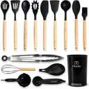 TRANI Kitchen 33- Piece Silicone Cooking Utensil Set with Holder -Compact, Heat Resistant to 446F, Non-Stick & Durable with Natural Wooden Handles, Black Spatula Set - ideal for Upgrade & Replacement