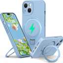 Liquid Silicone Case for iPhone 15 with Magnetic Ring Stand, Upgraded Camera Lens Protection, Mil-Grade Drop Shockproof, Anti-Scratch Microfiber Lining Silicone Case (Azure Blue)