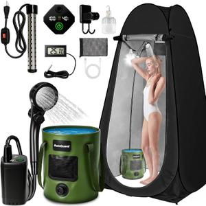 Portable Shower with Heater, Pop Up Camping Shower Privacy Tent Kit with LED Lights, 6000mAh Rechargeable Shower Pump, 6.6 Gal Foldable Bucket, Outdoor Camp Shower Kit for Travel, Pet Bath, Car Wash, Black