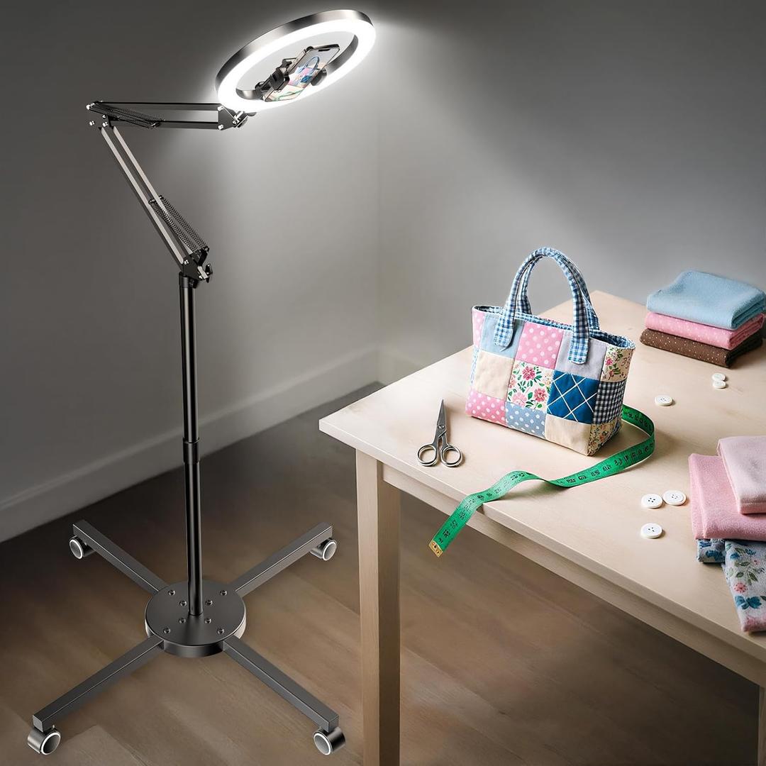Ring Light with Stand & Lockable Wheels, Ring Light Tripod for iPhone with Phone Holder for Video Recording, Overhead Phone Mount, 30 Lighting Combinations, Perfect for Crafts/Live Streaming/Tutorials (Black)