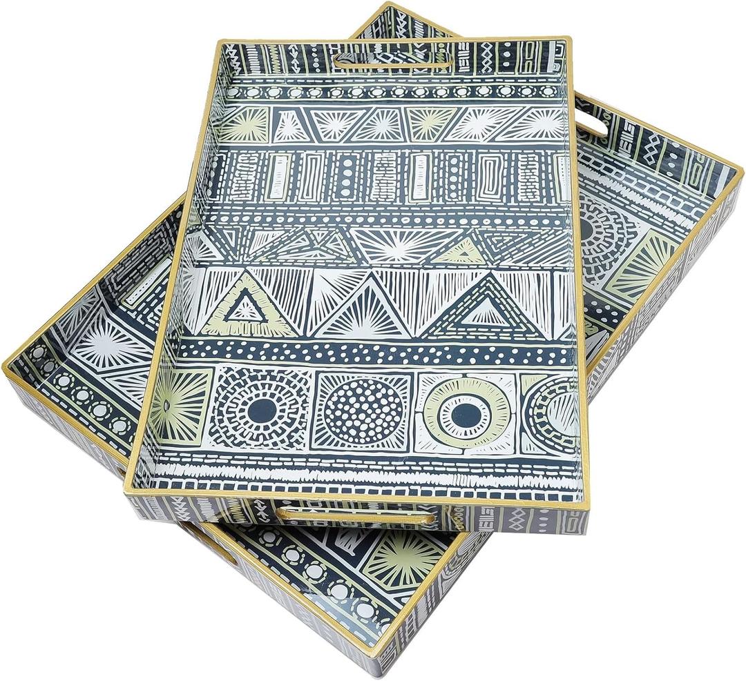 Leemxiiny 2 Pack Boho Decorative Trays with Handles, Modern Serving Trays for Coffee Table, Living Room, Kitchen, Home Decor. Black