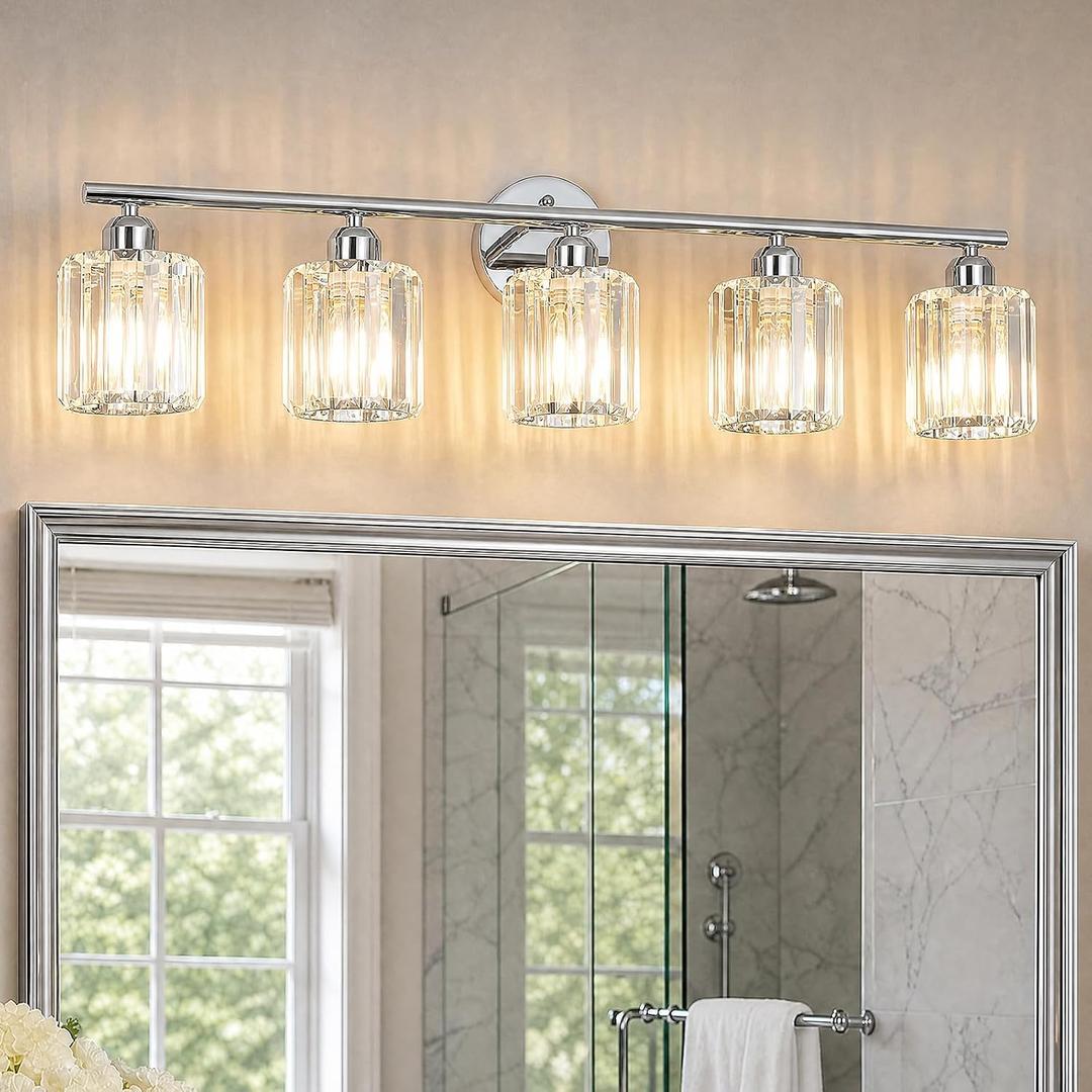 Modern 5-Light Crystal Vanity Lighting, Chrome Bathroom Light Fixture, 33 Inch-5light