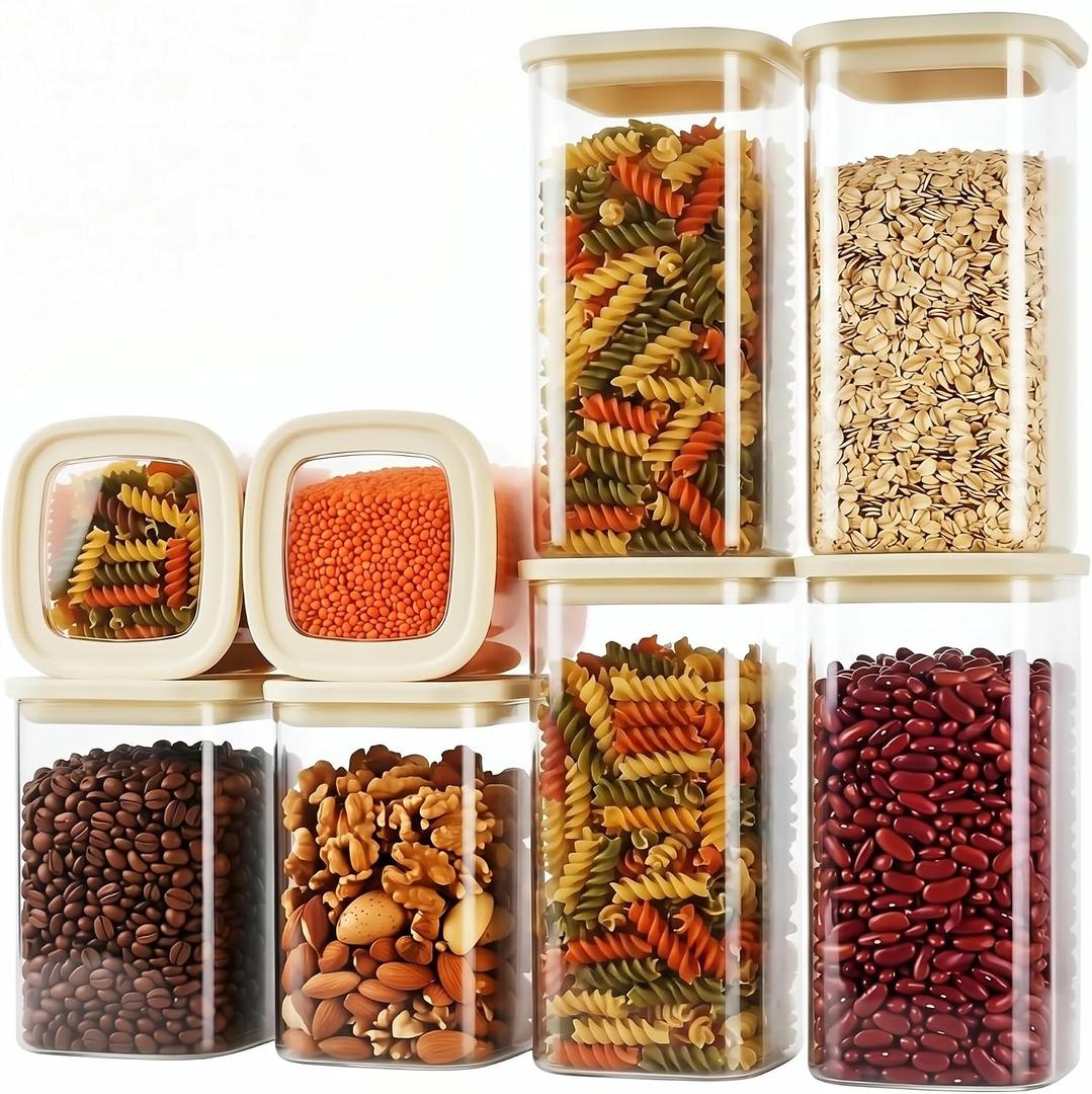 8pcs Square Glass Pantry Storage Jars Set with Glass Lids 1.22Qt/1.67Qt - Airtight Stackable Kitchen Canisters Sets for Pasta, Cereal, Flour | 40floz / 53floz Glass Pantry Storage Containers