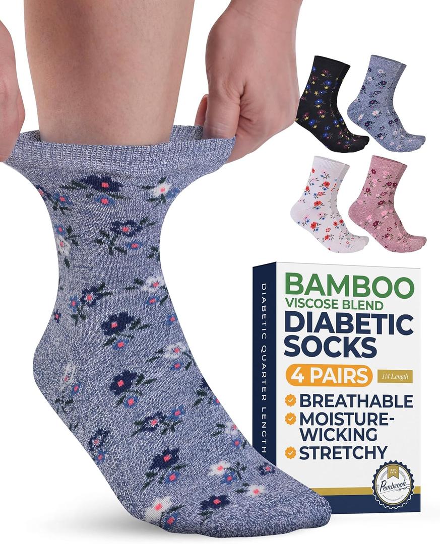 Pembrook Ankle Diabetic Socks for Women & Men - 4 Pairs Flowers, Moisture-Wicking Non Binding Socks Women, Neuropathy and Edema, Stretchy Wide Top