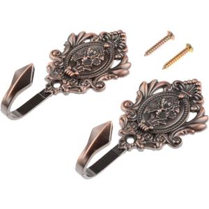 2Pcs Wall Hooks Red Copper Rose Pattern Carved Vintage Drapery Clothes Key Hook Bathroom Bedroom Multi-Function Decorative Hook with Screws