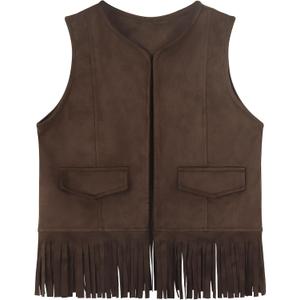 Spring&Gege Kids Suede Fringe Vest 70s Cowgirl Cowboy Western Faux Tassels Jacket Cardigan, Brown, Size 7-8 Years L