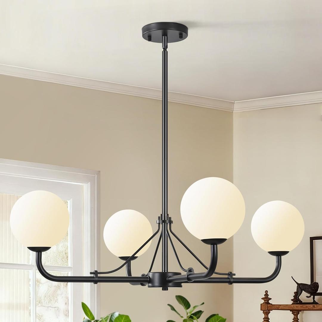 Klgxnrd 4 Lights Black Chandelier, Mid Century Modern Chandeliers for Dining Room, Hanging Sputnik Light Fixture for Living Room Kitchen Island Foyer Bedroom, Milk White Globe Glass Shade