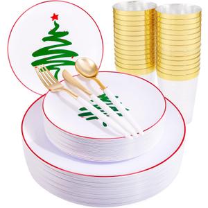 Supernal Christmas Plastic Plates, Gold Plastic Cutlery 180pcs Elegant Disposable Dinnerware with White-Gold Knives/Forks/Spoons, Gold Rim Clear Tumblers, Premium Christmas Tableware for 30 Guests