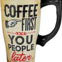 Spoontiques - Ceramic Travel Coffee Mug with Lid and Handle - Spill Proof Lid - Double Walled Mug for Hot and Cold Beverages - Microwave and Dishwasher Safe - Coffee First Travel Mug