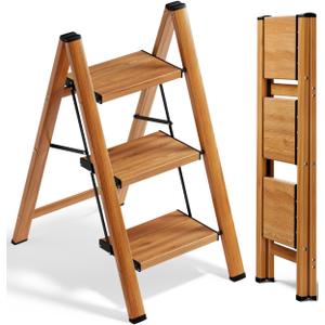 SOLADDER 3 Step Ladder, Folding Aluminum 3 Step Stool with Anti-Slip Wide Sturdy Pedal, Multi-Use for Home and Kitchen Use, Space Saving-Woodgrain(300 lbs Capacity)
