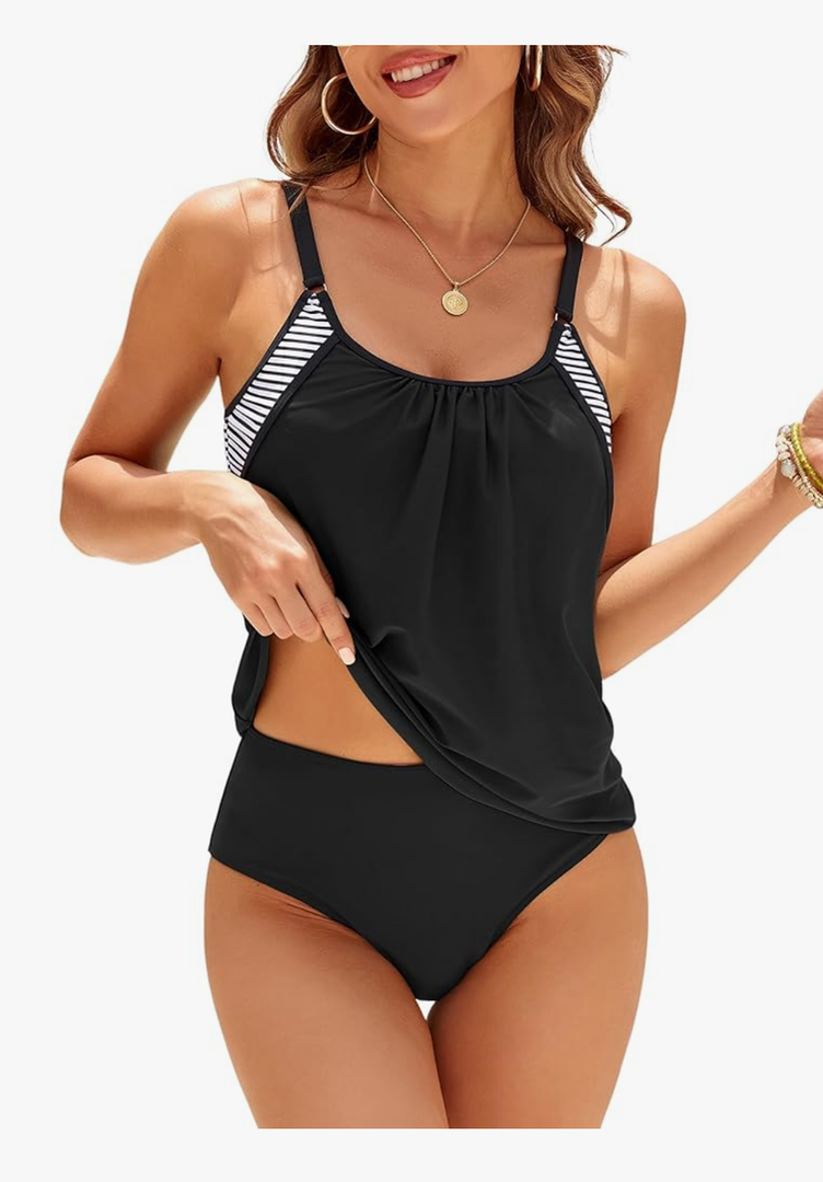 ZAFUL Two Piece Tankini Swimsuit for Women High Waisted Tummy Control Bathing Suit Double Up Tankini Set Large, Black 