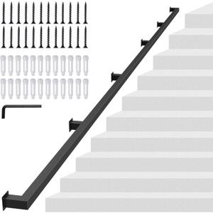 13FT Square Tube Handrail for Indoor Stairs,Matte Black Industrial Metal Stair Rail,500LBS Load Capcity Wall Mount Stair Hand Rail for Child,Seniors,Pregnant,Non-Slip Outdoor Iron Stair Rail,5 Section
