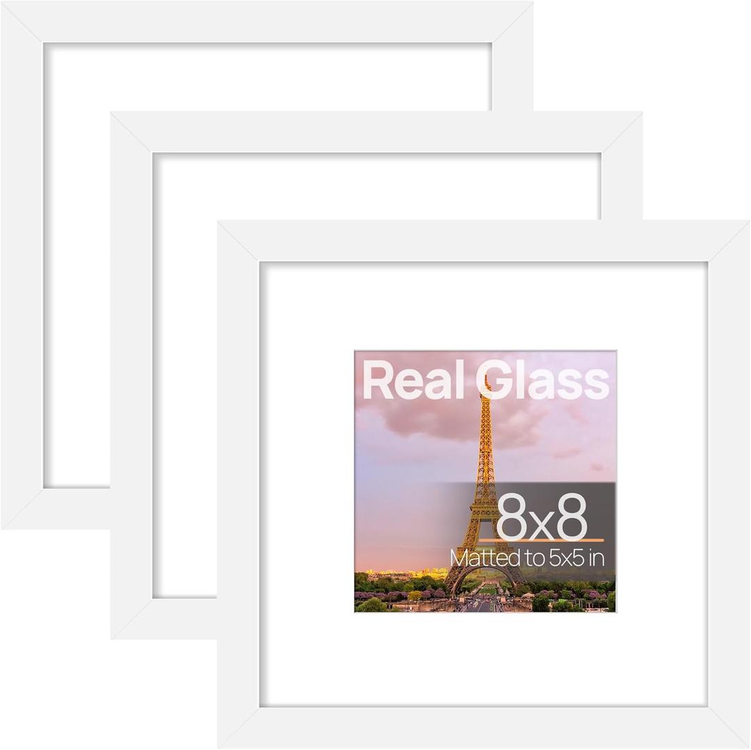Upsimples 8x8 Picture Frame Made of High Definition Glass, Display Pictures 5x5 with Mat or 8x8 Without Mat, Gallery Wall Frame Set, White
