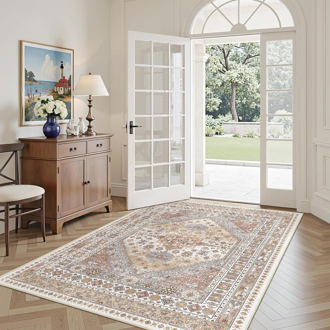 3x5 Washable Area Rug for Entryway, Kitchen Rugs Non Slip for Dining Room, Vintage Floral Soft Living Room Rug, Thin Area Rug Indoor for Bedroom, Kids Room Decor(Orange,3'x5')