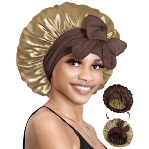BONNET QUEEN Silk Bonnet for Sleeping Satin Bonnet with Tie Hair Wrap Double Layer Sleep Cap for Women Curly Hair, Brown Yellow (Medium)