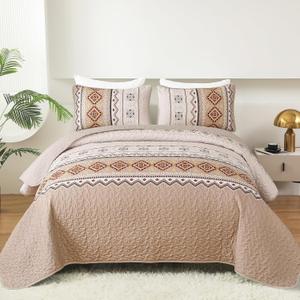 WONGS BEDDING Boho Beige Quilt Set Queen Size,Geometry Printed Bedspread Coverlet 2 Pack,Soft Bohemian Bedding Set Queen 96"×90"