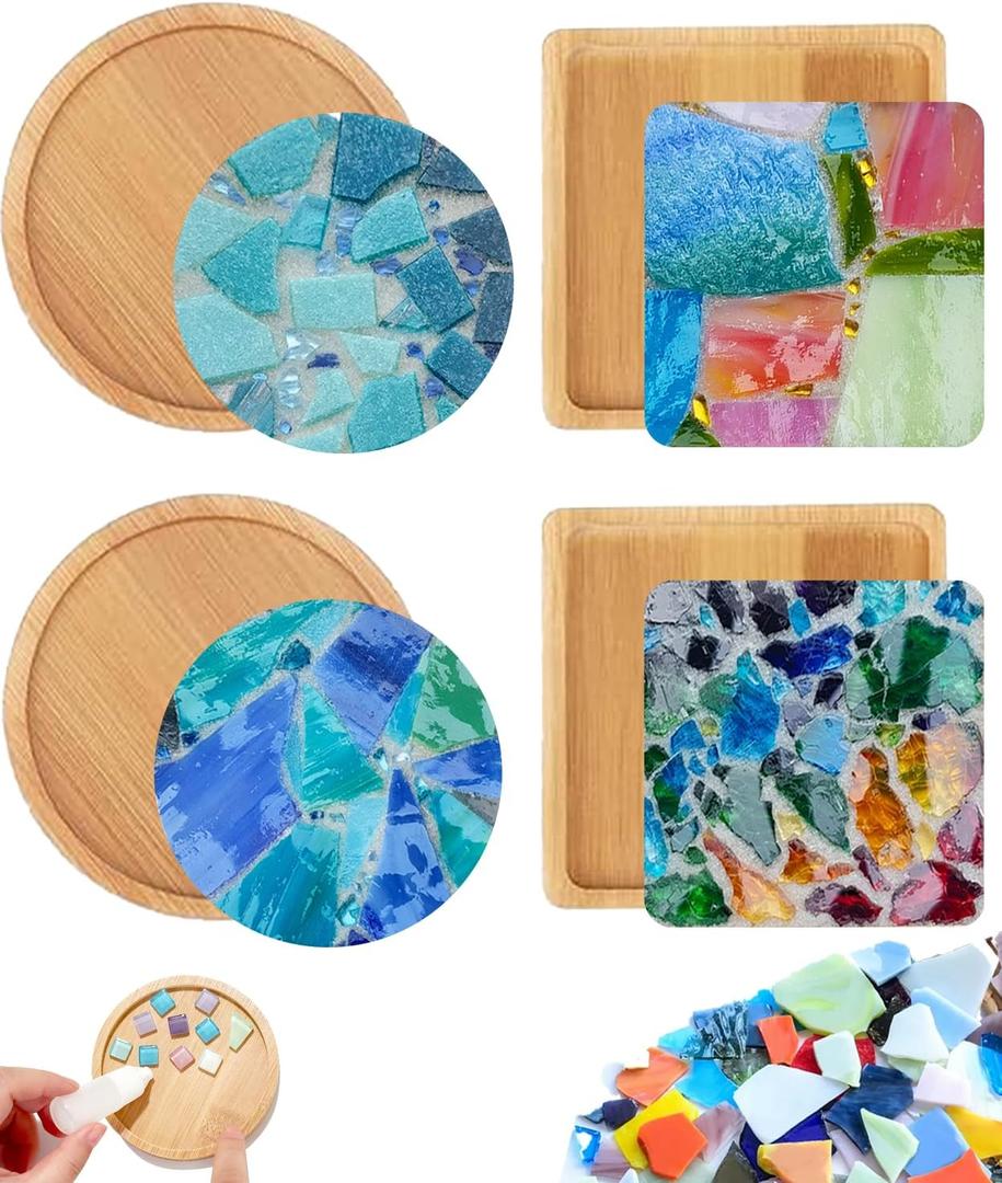 4 Sets DIY Mosaic Kits for Adults with Wooden Coasters, Mixed Color Glass Mosaic Tiles Craft Kits for Adults Women, Complete Mosaic Coaster Making Kit for Home Decor Gifts (4, Crystal Sand)