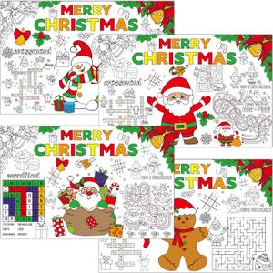 32 Pcs Christmas Placemats Christmas Coloring Paper Table Mats Disposable Coloring Activity Place Mats Claus Trees Table Decoration for Xmas Holiday Party Home Table Supplies