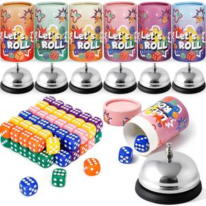 RoundFunny 6 Sets Bunco Game Kit Party Supplies for Ladies Night Family Group Board Games 72 Colorful Dice 6 Bells 6 Dice Cups with Lids Christmas Bunco Gift for Women up to 6 Groups of 2-12 Players, Dice cup: 2.01 x 3.15 inches, Bell: 2.95 inches