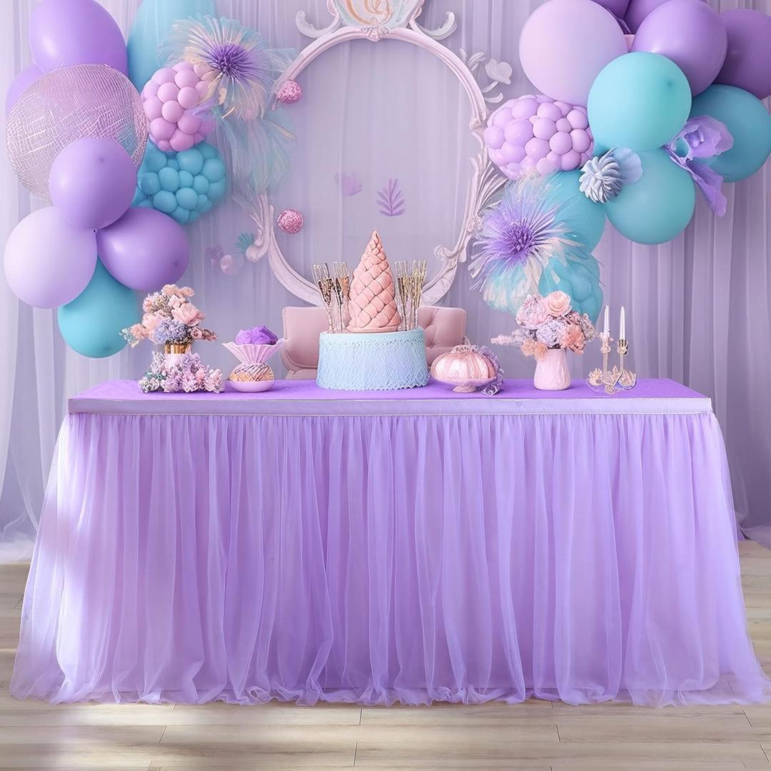 6ft Lavender Tulle Table Skirts for Rectangle Tables or Round Tables Lavender Ruffle Tutu Tablecloth for Girls Baby Shower Birthday Party Wedding Cake Dessert Table Decorations (L6(ft)xH 30in)