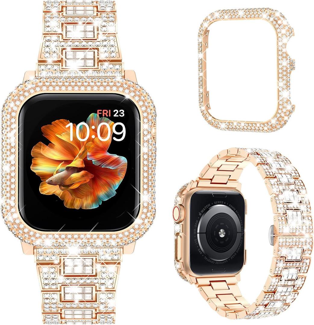 Mosonio Compatible with Bling Apple Watch Band Women 40/44/41/45/42/46mm with Shiny Metal Case, Full Sparking Luxury Diamond Bands and Cover Set, Charming Wedding Strap for iWatch SE Series 11/10/9/8/7/6/5/4