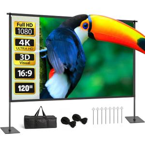 Projector Screen with Stand, 120 Inch Indoor Outdoor Portable Projection kit All-Metal Frame Wrinkle-Free 16:9 4K HD Front/Rear Movie Screen with Carry Bag for Home Theater Backyard Movie Night