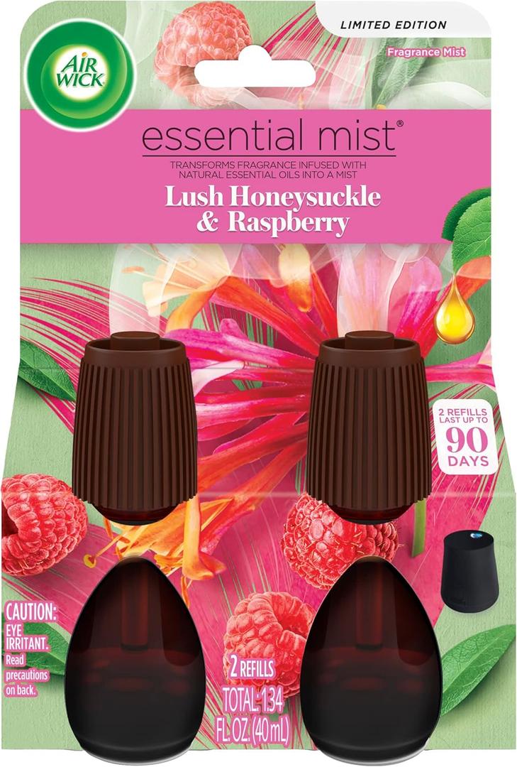 Air Wick Essential Mist Refill, 2 ct, Lush Honeysuckle & Raspberry, Essential Oils Diffuser, Air Freshener (0.67 Fl Oz (Pack of 2))