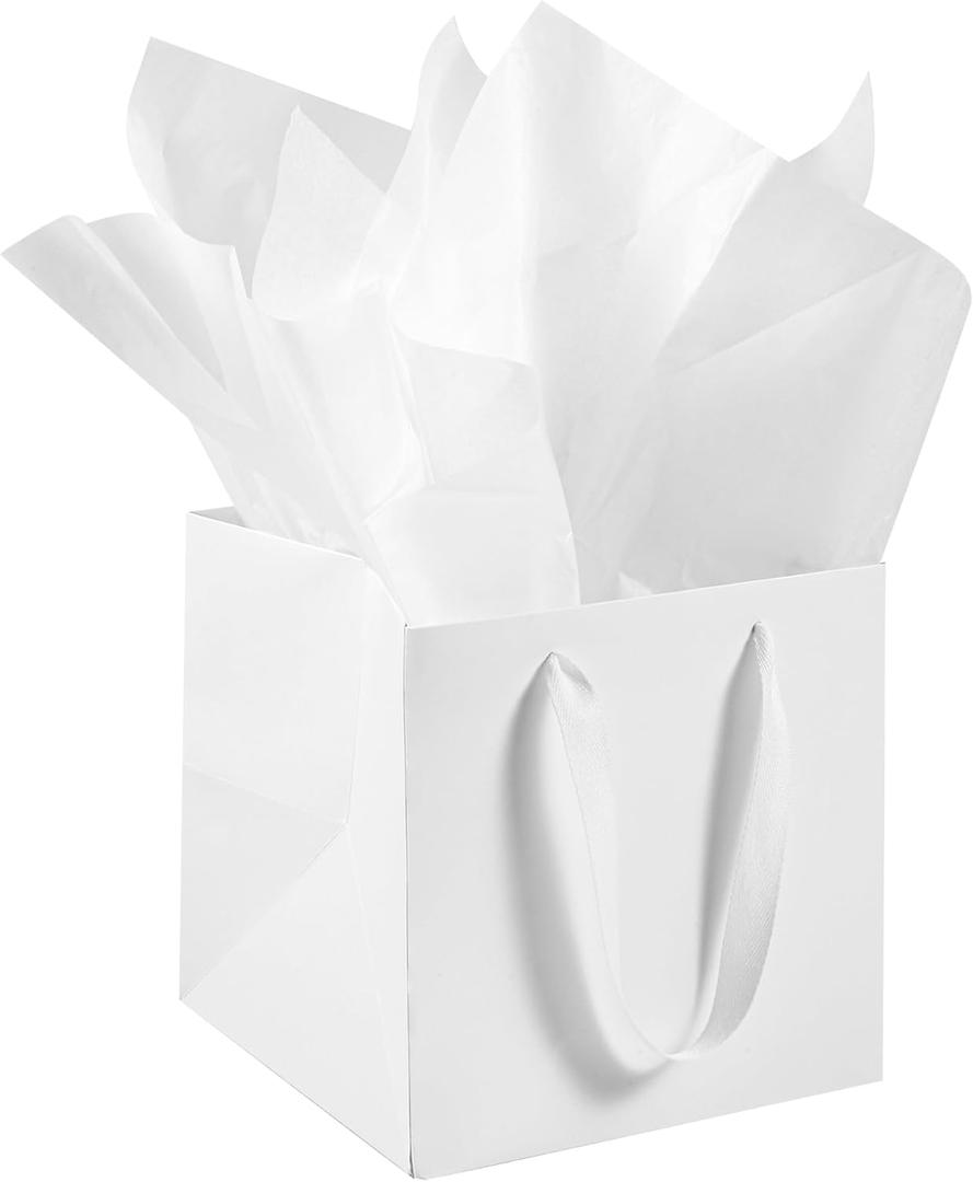 AZOWA White Square Gift Bags with Tissue - 6 Inch White Square Paper Bags with Handles for Party Favors (10 PCS, 6x6x6 in)