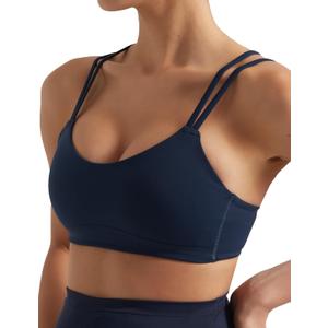 Yoga Sports Workout Bras for Women Seamless Molded Cup Spaghetti Double Strap Bra Wirefree Scoop Neck Tank Top Bras (Blue, L)