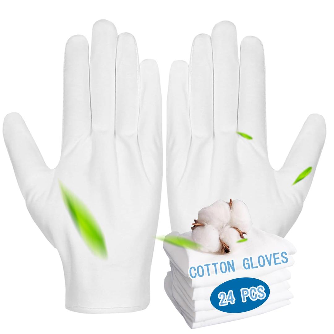 12 Pairs Moisturizing White Cotton Gloves for Dry Hands Eczema Gloves for Men and Women, Stretchable Reusable Cloth Gloves for Coin Jewelry Silver Inspection 12 Pairs (White, S)