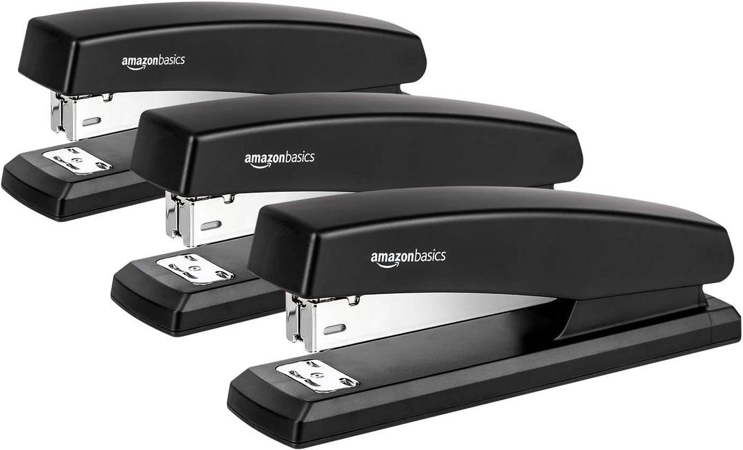 Amazon Basics Desktop Office Stapler, Lightweight, 25 Sheet Capacity, Non-Slip, Black, 3-Pack with 1000 Staples