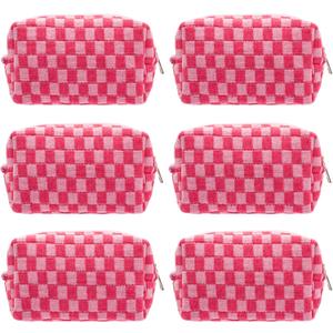 PAZIMIIK Checkered Makeup Bag for Purse Portable Zipper Make Up Pouch Small Cosmetic Case for Travel Accessories (6PCS Hotpink)