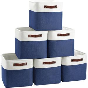 FinishingBo Cube Storage Baskets 6 Pack, 11x11 inch Cube Storage Bins with Leather Handles for Shelf Closet (White/ Blue)