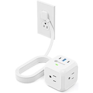 Power Strip Cube with USB Ports, 900 Joules Surge Protection, 10 ft Flat Plug Extension Cord, 3 AC Outlet 3 USB Ports(2 USB C), Desk Charging Station for Home Office Travel, White