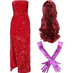 3 Pcs Halloween Rabbit Women's Costume Include Red Wig Purple Long Gloves for Women Dress Costume Cosplay Party
 L