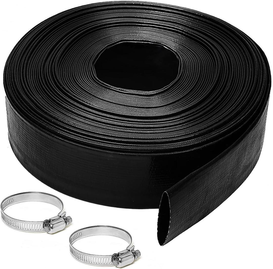 2 inches x 100 FT Heavy-Duty PVC Swimming Pool Backwash Hose, Reinforced Discharge Hose with Clamp for Swimming Pools, Black