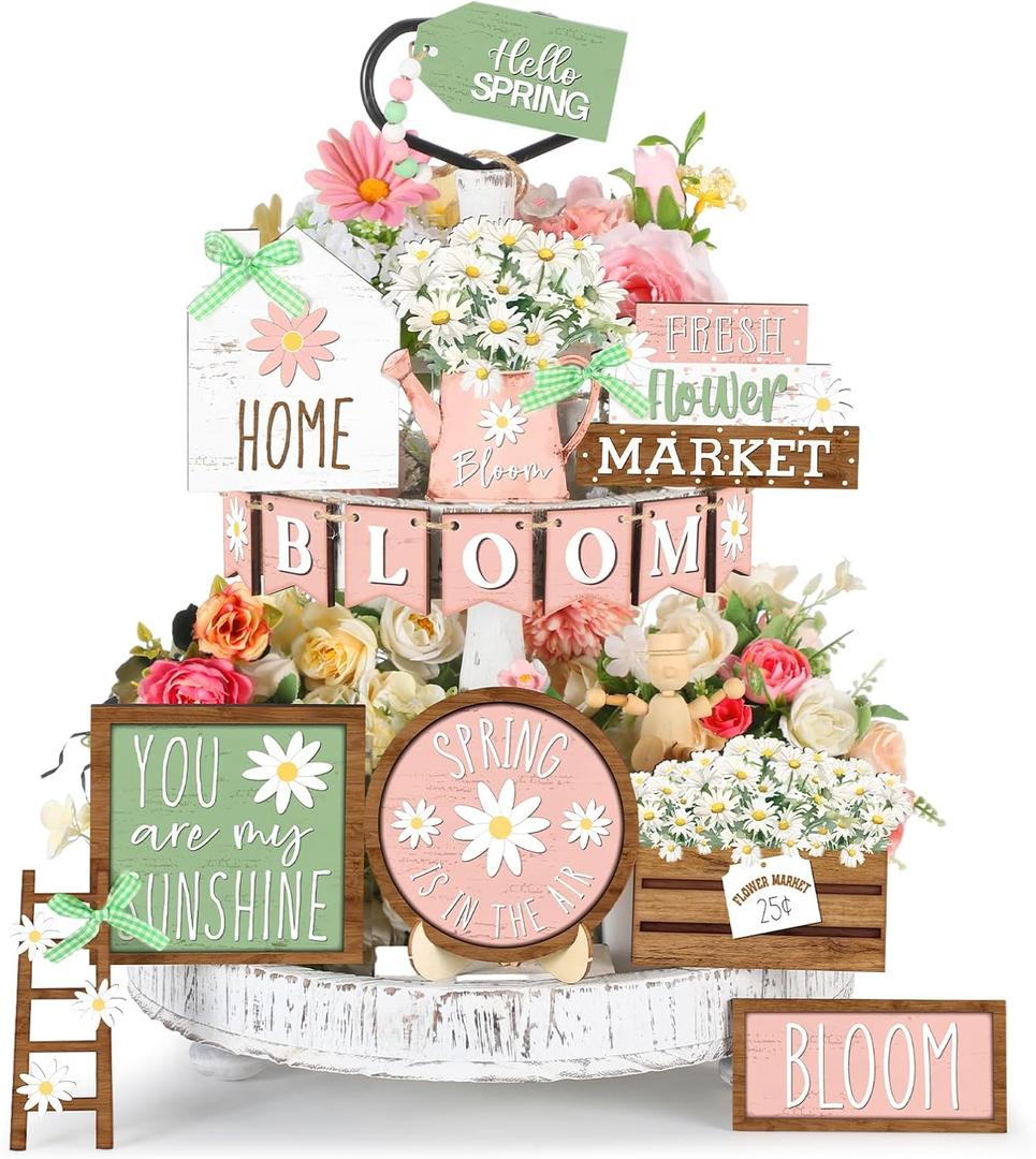 Bucherry 16 Pcs Spring Daisy Tiered Tray Decor Set Farmhouse Daisy Flower Wooden Sign Rustic Spring Table Centerpieces Floral Tiered Tray Decorations for Home Kitchen Shelf Tabletop