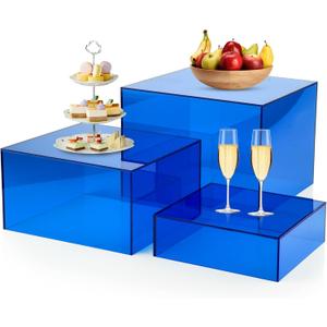 3Pcs Blue Buffet Risers Acrylic Boxes Display Food Risers for Buffet Table Platter Parties Weddings Catering Dessert Collectibles Figures Show ( 6''x7''x8'')