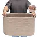 Large Cotton Rope Storage Basket with Leather Handles, Laundry Hamper Basket, 20 "L x 14" W x 12 "H, Durable & Stylish Organizer for Home.(Large Khaki)