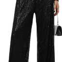 WDIRARA Women's Sequin Sparkle Pants Elastic Waist Wide Leg Party Club Trousers (X-Large, Black)