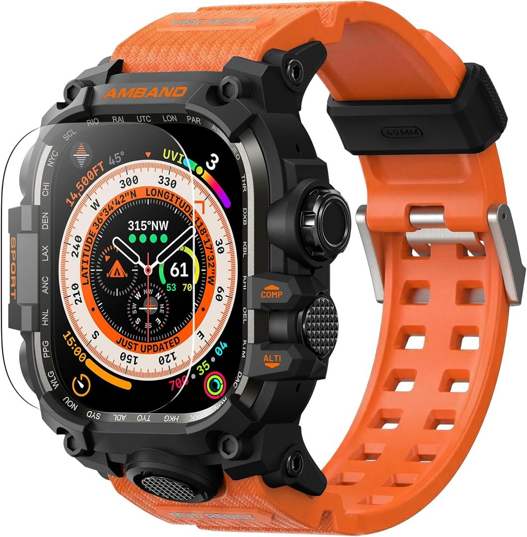 amBand Rugged Case with Band for Apple Watch Ultra 3/2/1 49mm, M3 Military Grade Shockproof Cover, Includes Screen Protector Kit, Tactical Band for Men - Compatible with iWatch Ultra, Orange
