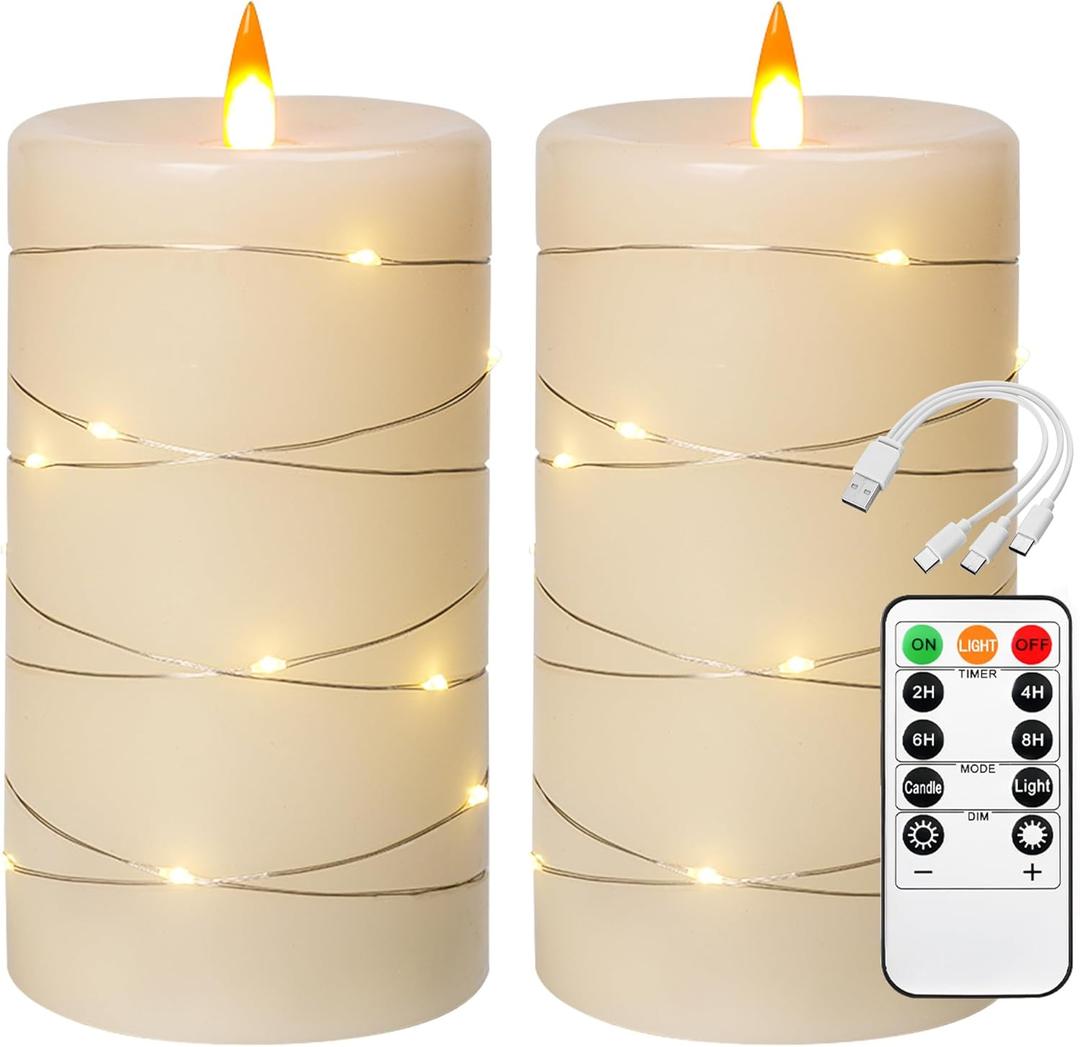 Rechargeable Flameless Candles, LED Candles, Candles with Remote and Timers, Real Wax Pillar Candles, with Flickering Embedded Star StringIvory White, Set of 2