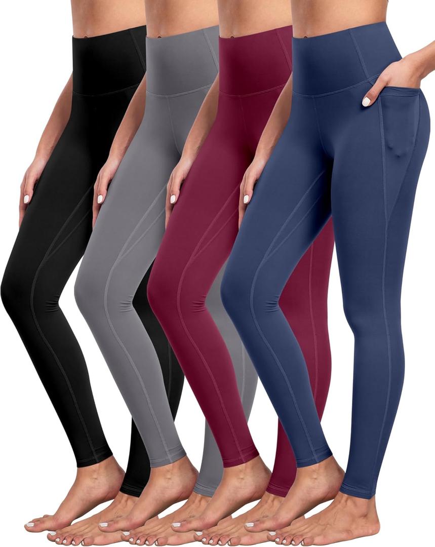 NORMOV 4 Packs Yoga Leggings with Pockets for Women, Soft High Waisted Tummy Control Workout Pants (Medium, 4packs(black,dark Gray,burgundy,navy))