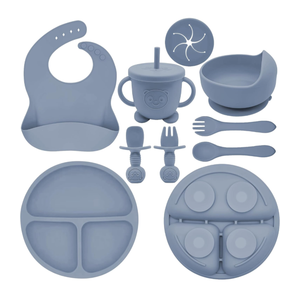Silicone Baby Feeding Set | Baby Led Weaning Supplies Includes Suction Bowls and Divided Plates, Adjustable Bib, Baby Utensils Spoons and Forks,Cup | Baby Feeding Essentials (Blue Gray)
